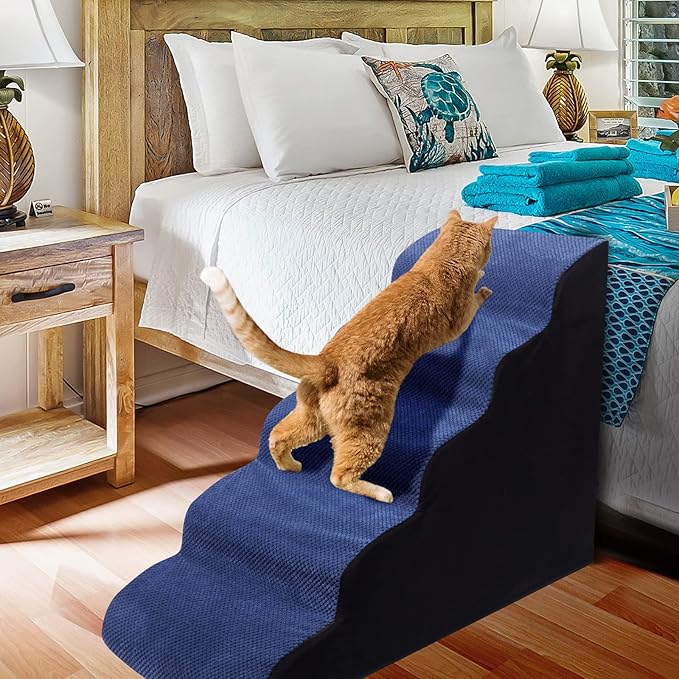 Dog Stairs&Steps for High Beds Up to 28'', 5-Step Dog Ramp for Small Medium Dogs with Washable Cover, Pet Steps for Cats to Get on Couch and Sofa, Durable Foam Ladders, 24.4" Tall, Blue-PawvioPets