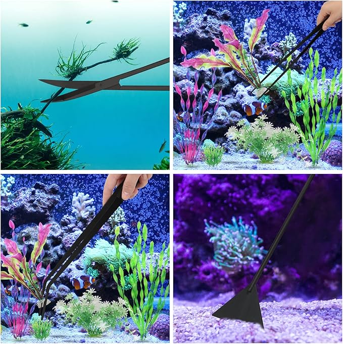 Aquarium Aquascape Tools Kit 15in, 4 in 1 Anti-Rust Aquatic Plant Aquascaping Tool Stainless Steel Tweezer Scissor Spatula for Aquarium Tank Clean Fish Tank Aquascape Accessories Set (black)-PawvioPets