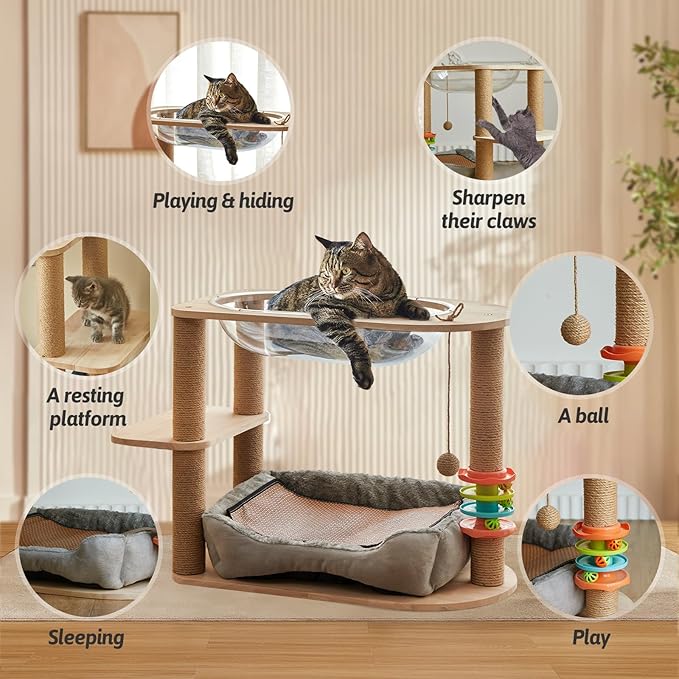 2 Tier Cat Tower,21.85 in cat Perch Wood cat condo with Hammock and Sisal Rope Scratcher Post Hanging Toy Balls for Indoor Large Cats Kittens (Grey)-PawvioPets
