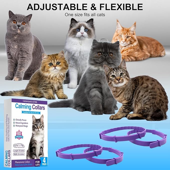 Calming Collar for Cats 4 Pack - Pheromone Collar for Stress and Anxiety Relief, Lasts 60 Days, Adjustable, Water-Resistant & Breakaway Design to Make Cats Relaxed-PawvioPets