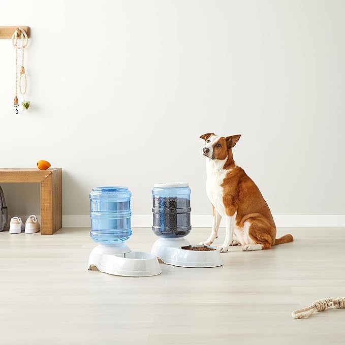 Amazon Basics Automatic Dog Cat Water Dispenser Gravity Feeder and Waterer Set, Large, 12-Pound Food Capacity, 2.5-Gallon, Gray-PawvioPets