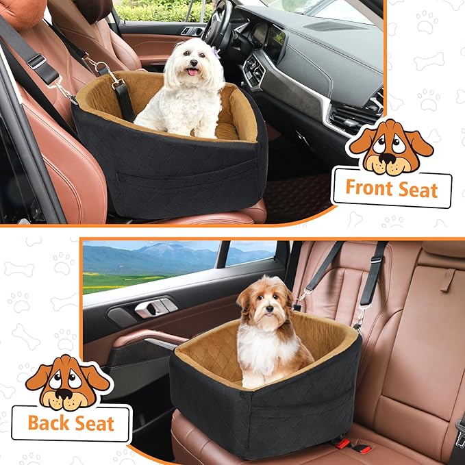 Dog Car Seat for Small Medium Dogs,Detachable Washable Dog Booster Seat Under 30lbs, Pet Car Seat Travel Bed with Storage Pockets and Dog Safety Belt(Black/Brown)-PawvioPets