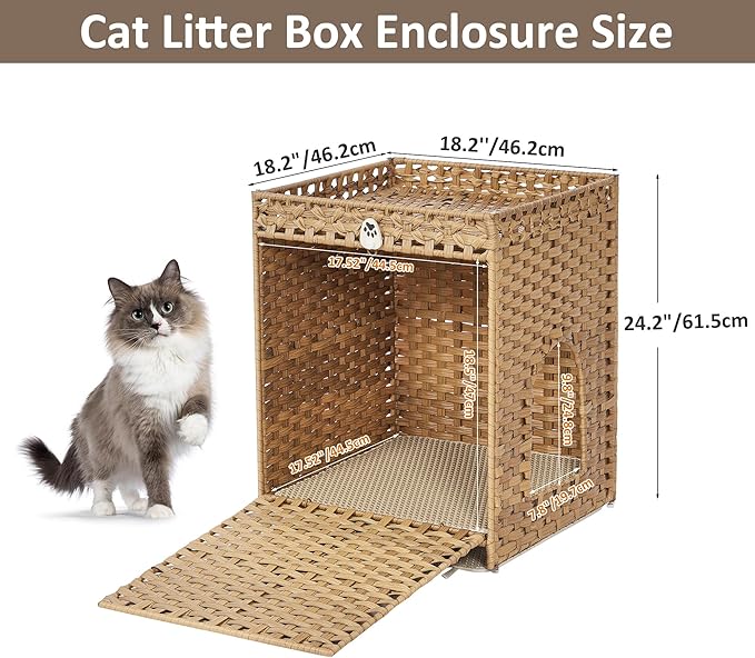 Cat Litter Box Enclosure with Soft Litter Mat; Hidden Cat Washroom Furniture with Door; Handwoven Rattan Cat House; Pet Crate for Living Room, Bedroom, Balcony (Natural)-PawvioPets