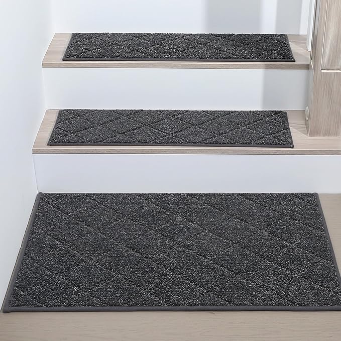 COSY HOMEER Edging Stair Treads Non-Slip Corner Indoor Stair Runners for Wooden Steps,Landing Slip Resistant Stair Rugs for Kids and Dogs, 100% Polyester TPE Backing,Black,20"X32"-PawvioPets