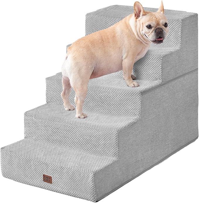 EHEYCIGA Dog Stairs for High Bed 25" H, 5-Step Extra Wide Dog Steps for Bed, Pet Steps for Small Dogs and Cats, Non-Slip Balanced Pet Ramp Indoor, Light Grey-PawvioPets