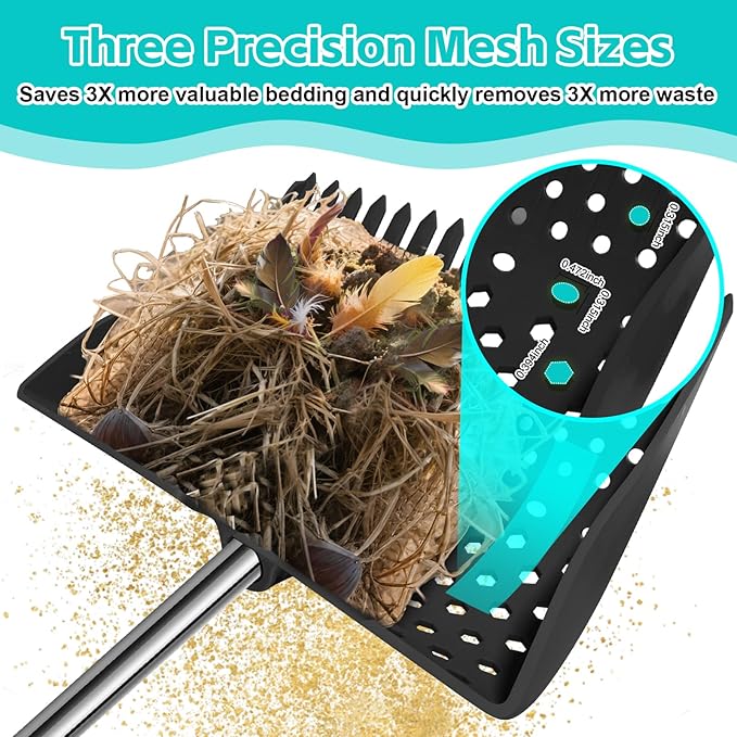 12-Inch 2-in-1 Chicken Poop Scooper & Rake – US Patent Pending – 3-Shape Sifting Holes Chicken Coop Rake,Stainless Steel Handle (20–61")– Litter Scoop Sand & Sifting Shovel for Chicken Coops (Black)-PawvioPets