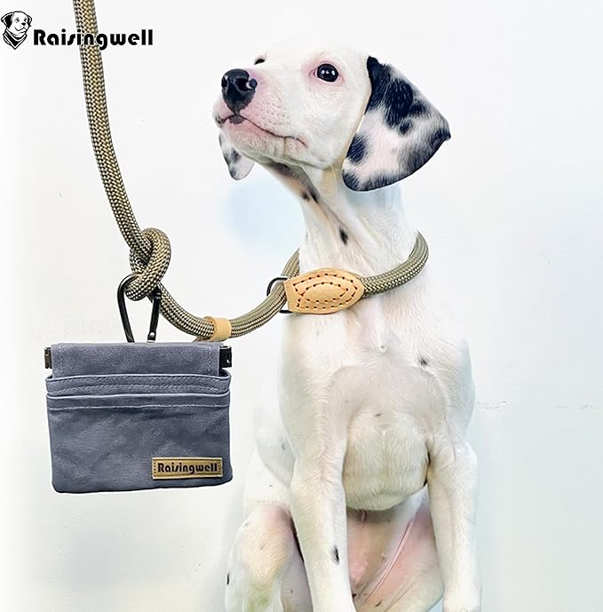 Dog Treat Pouch, Small Cotton Pocket Sized Training Holder, Hand Free Walking Fanny Bag with Carabiner, Self-Closing Pet Feed Snack Reward, Behavior Aids for Puppy Travel or Outdoor (Grey)-PawvioPets