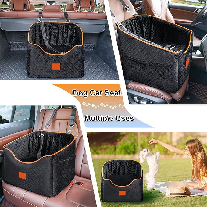 Dog Car Seat for Small Dogs, Memory Foam Booster Dog Seat for Dogs up to 35 lbs, Elevated Pet Car Seat with Washable Removable Cover, Storage Pockets (Black)-PawvioPets