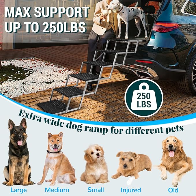 Extra Wide Dog Stairs for Large Dogs,Dog Ramps for Cars,Portable Folding Doggy Stairs for Cars,SUV,Trucks,Pet Ramp with Non-Slip Surface,Pet Steps Supports Up to 250 lb,6 Steps-PawvioPets