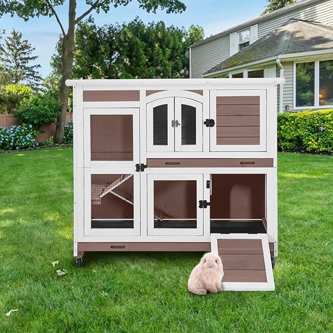 Aivituvin Rabbit Hutch Indoor, Bunny Cage with Wheels, 2-Story Design, 2 Deep Trays, Anti Slip Ramp, Ideal for Small Animals - Brown-PawvioPets