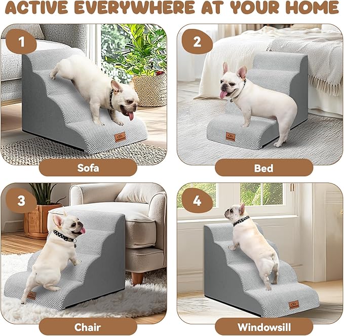 Dog Ramp and Stair for Bed 16" H-20 H,3-Step Cat Stair for Sofa and Chair,4-Step Dog Ramp for High Bed and Window,Durable Nonslip Fabric Cover for Indoor (Light Grey-20 H, Pet Friendly, 4)-PawvioPets
