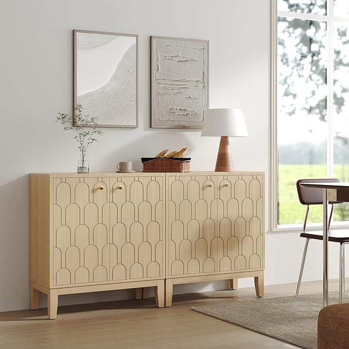 Farmhouse Storage Cabinet, Modern Buffet Sideboard with Doors, Fish Scale Pattern, Boho Cabinet for Dining Room, Natural, 2 Pieces-PawvioPets