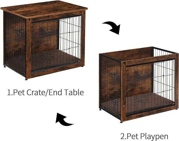DWANTON Dog Crate Furniture with Cushion, Wooden Kennel Table with Double Doors, Indoor Dog House, Medium Size, 32.5" L, Rustic Brown-PawvioPets