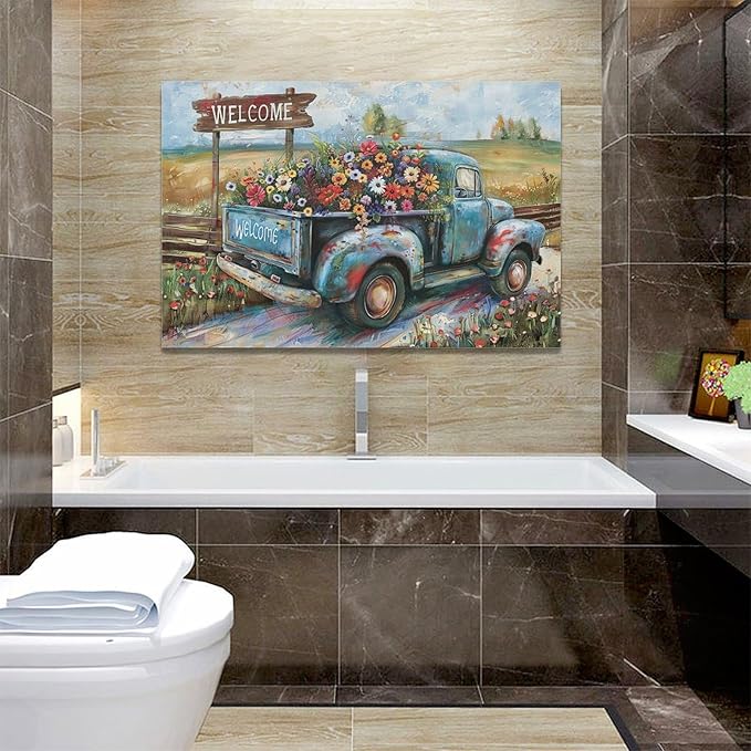 Farmhouse Truck Wall Art Rustic Country Wildflowers Wall Decor Road Flowers Landscape Pictures Canvas Print Painting Artwork for Bathroom Living Room Bedroom 16"x24"-PawvioPets