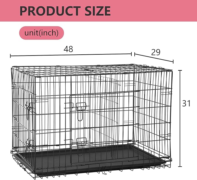 FDW Extra Large Dog Crate Dog Kennel Cage with Double Door,48 inch Folding Metal Wire Dog Cage with Removable Tray&Divider Panel,Pet Crate for Large Dogs,Black-PawvioPets