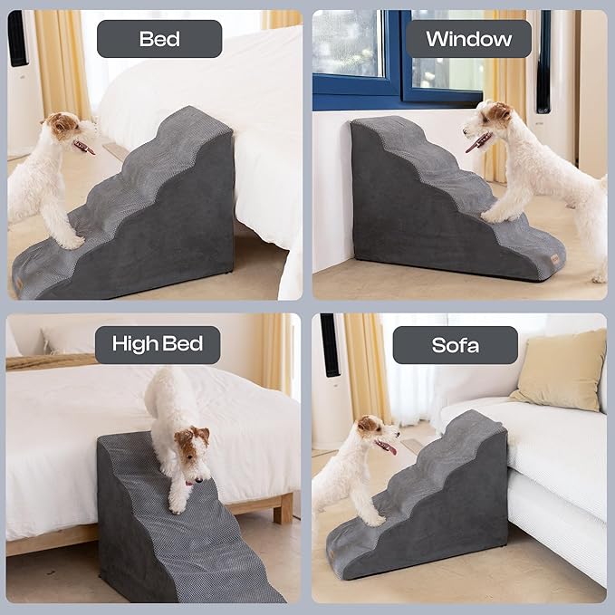 5-Step Curved Dog Stairs for High Beds Up to 30", Non-Slip Foam Pet Ramp for Large Dogs and Cats, Washable Cover, Soft Climbing Steps for Couch & Sofa-PawvioPets