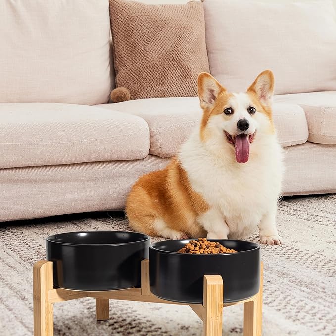 Elevated Ceramic Dog Bowl Set - Raised Dog Bowls with Non-Slip Bamboo Stand - Dog Food and Water Bowl Set - Double Dog Feeding Bowls - Suitable for Small and Medium Dogs - 28.74 OZ - 3.6 CUPS - 850 ML-PawvioPets