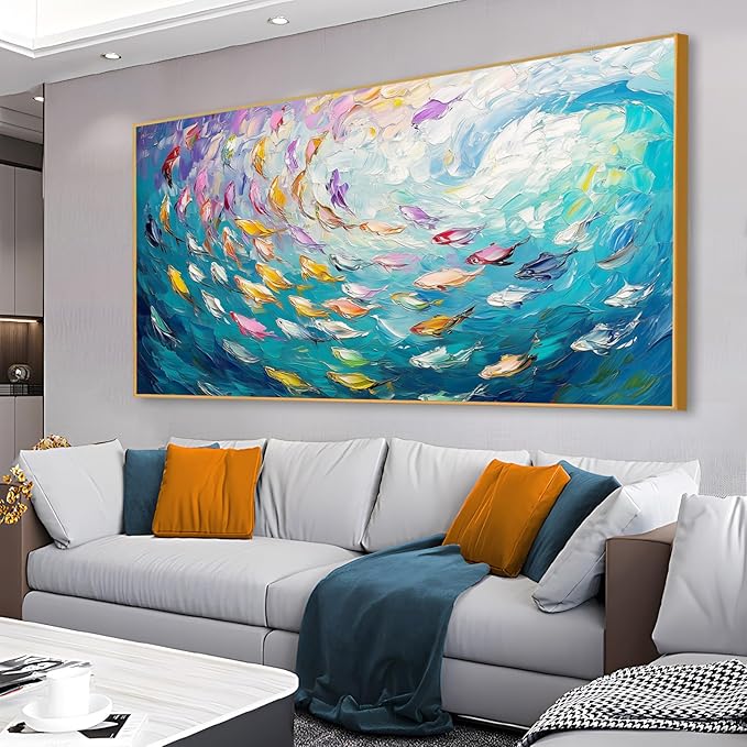 Fish Canvas Wall Art, Abstract School of Fish Canvas Wall Art, School of Fish Painting Canvas, School of Fish Wall Art, Fish Wall Decor, Fish Pictures Wall Decor, Bedroom Canvas Wall Decor (Black Framed, 23"x13" | 60x35cm)-PawvioPets