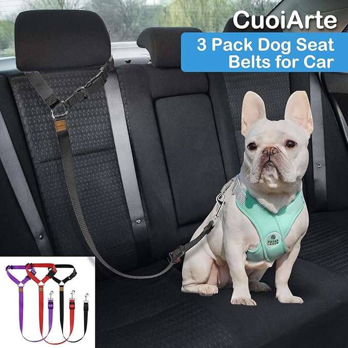 3 Pack Dog Seat Belt for Car, Car Headrest Restraint Adjustable Nylon Fabric, Dog Restraints Vehicle Seatbelts Harness (Black & Red & Purple)-PawvioPets