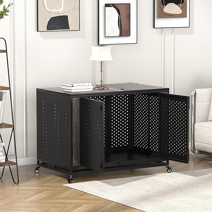 48" Heavy Duty Dog Crate Furniture for Extra Large Dogs, Enclosed Design with 0.5 inch Holes, Indestructible Metal Kennel for High Anxiety Dogs, Chew Proof Pet House Cage Indoor, Gray-PawvioPets