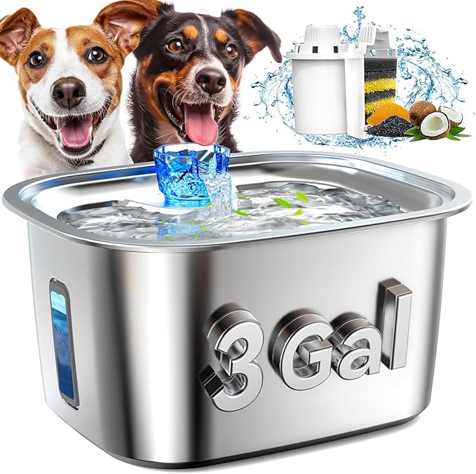 Dog Water Fountain for Large Dogs Stainless Steel, 3Gal Extra Large Dog Water Bowl Dispenser with 2 Filters & Visual Window, Automatic Filtered Pet Fountain Indoor, Quiet Safe Pump with LED Indicator-PawvioPets