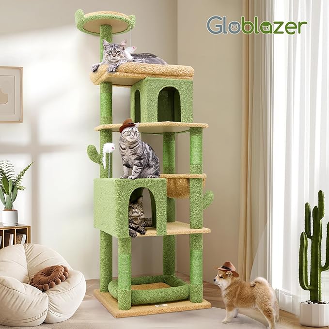 Globlazer Heavy Duty Cactus Cat Tree for Large Cats, Sturdy 72in Maine Coon Cat Tree for Large Cats 20 lbs+ Cactus Cat Tower for Adult Biggest Cats with 6 Scratching Posts, Hammock, S72, Green-PawvioPets