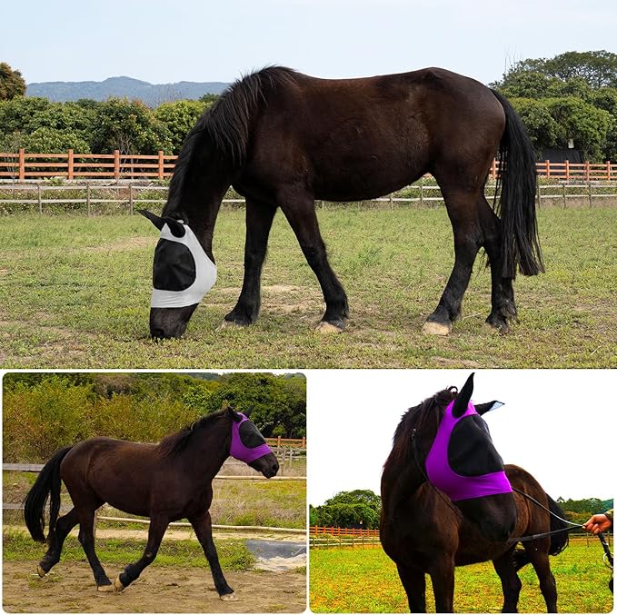 2 Piece Horse Fly Mask with Ears, Comfortable Fit Stretch Fabric Big Eye Space Soft Breathable with UV Protection for Full Horses (Purple-Gray)-PawvioPets