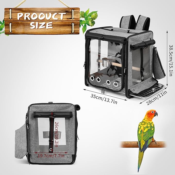 Suertree Bird Carrier with Seat Belt for Car Travel, Bird Backpack Carrier with Indestructible Stainless Steel Mesh, Large Bird Carrier Travel Cage, Grey-PawvioPets