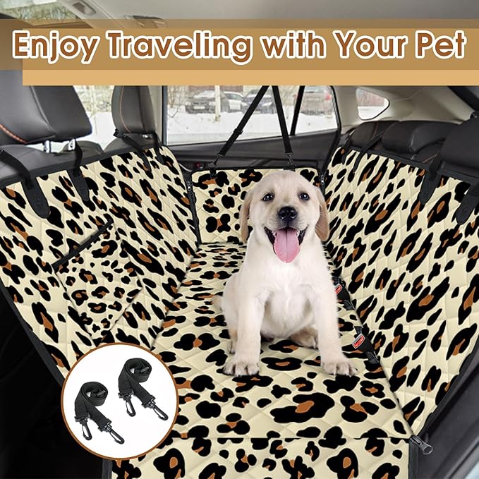 Dog Car Seat Cover, Durable Waterproof Scratch Proof Nonslip Dog Hammock, Back Seat Covers with Pocket for Cars SUVs and Trucks - S, Leopard/Black-PawvioPets