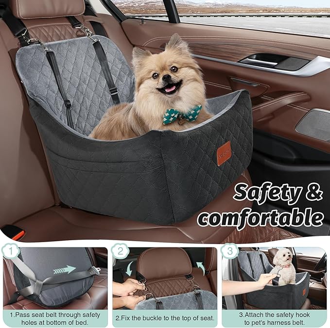 Dog Car Seat for Dogs Up to 35lbs,Fully Detachable and Washable,Memory Foam Covered Soft Fabric,Easy to Install with Adjustable Straps,Anti-Slip Bottom,Two Side Pockets(Black/Grey,Medium)-PawvioPets