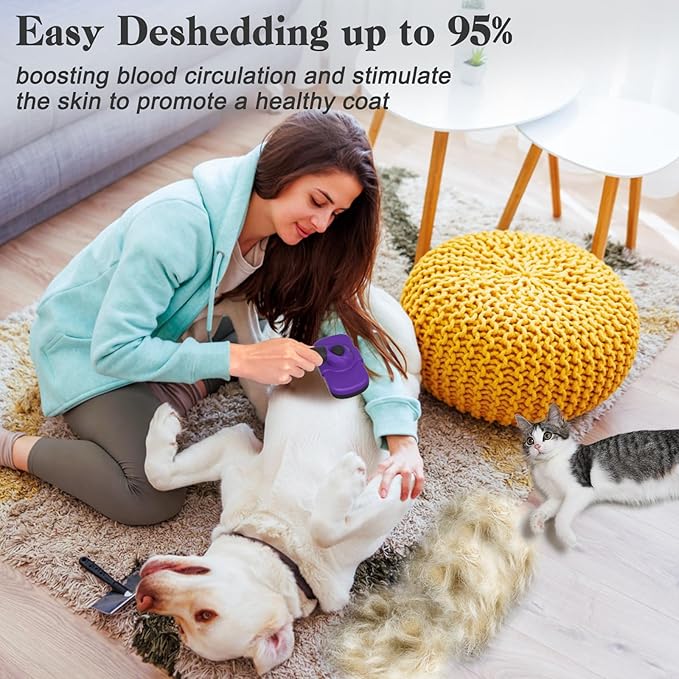 Self Cleaning Cat & Dog Grooming Brush - Skin Friendly Deshedding Hair Brush for Haired Dogs & Puppies, Purple-PawvioPets