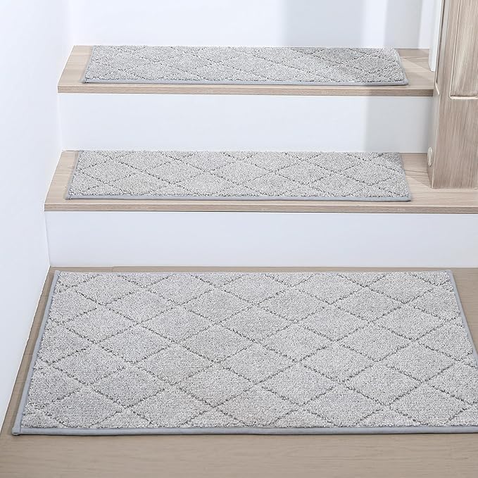 COSY HOMEER Edging Stair Treads Non-Slip Corner Indoor Stair Runners for Wooden Steps,Landing Slip Resistant Stair Rugs for Kids and Dogs, 100% Polyester TPE Backing,Grey,20"X32"-PawvioPets