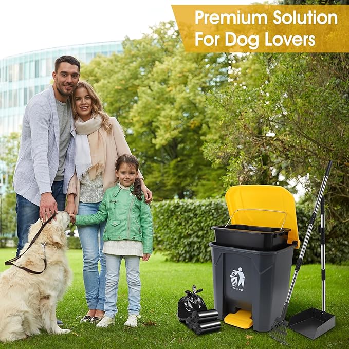 Dog Pooper Scooper, 20L Large Dog Poop Trash Can Outside with Removable Inner Bucket, Poop Trash Can for dog Outdoors with 90 Waste Bags, 37inch Long Handle Stainless Metal Tray & Rake-PawvioPets