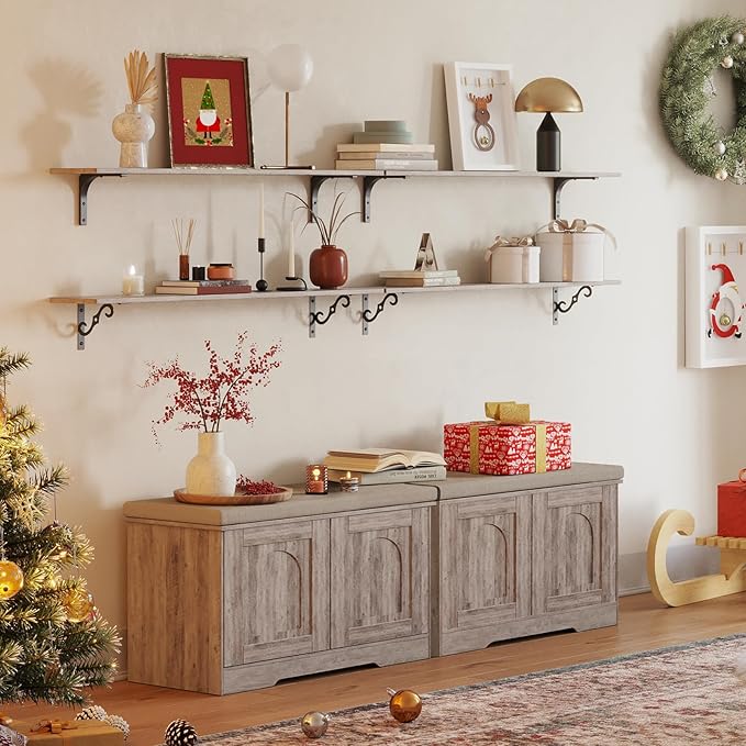 DINZI LVJ Shoe Bench, Entryway Storage Bench with Doors, Cushion, 2-Tier Shoe Rack with 6-Cubby, 31.5”L x 13.8”W Shoe Organizer Cabinet, Adjustable Shelf, Living Room, Bedroom, Greige-PawvioPets