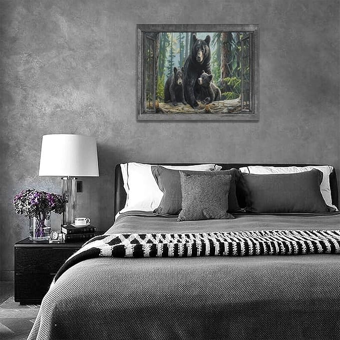 Black Bear Wall Art Forest Window Canvas Cabin Living Room Pictures Prints Animal Wall Decor Painting Artwork for Bedroom Dining Office Home 16"x12"-PawvioPets