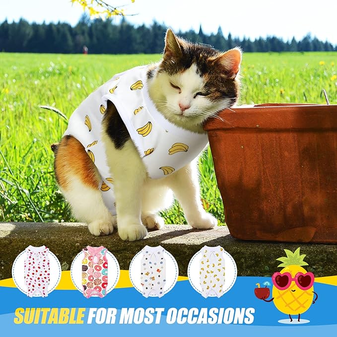 4 Pieces Cat Recovery Suits Body Wraps Breathable Kittens Recovery Clothes for Cats Small Dogs Abdominal Weaning(Banana, Football, Strawberry, Donut,L)-PawvioPets
