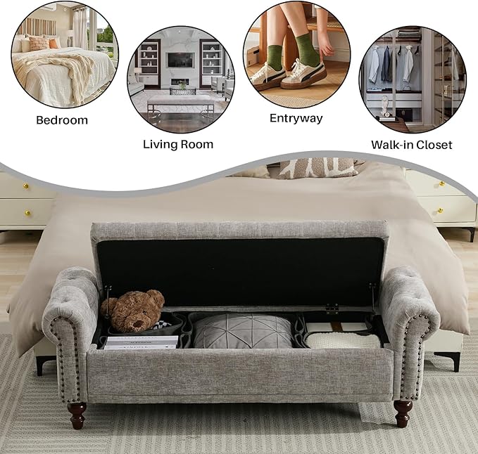 58.1'' Storage Bench Upholstered Chenille End of Bedroom Bed Bench Ottoman with Tufted Cushioned Rolled Arm Large Storage Space for Reading Living Room Entryway, Light Grey-PawvioPets