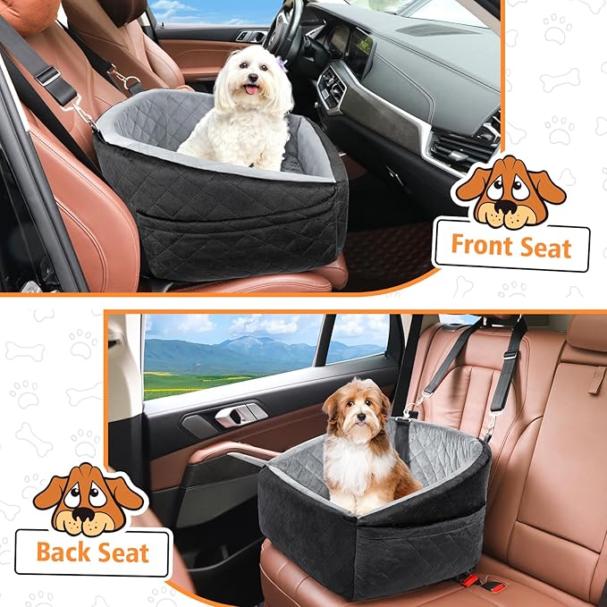 Dog Car Seat for Small Dogs,Detachable Washable Dog Booster Seat Under 30lbs, Pet Car Seat Travel Bed with Storage Pockets and Dog Safety Belt (Black/Grey)-PawvioPets