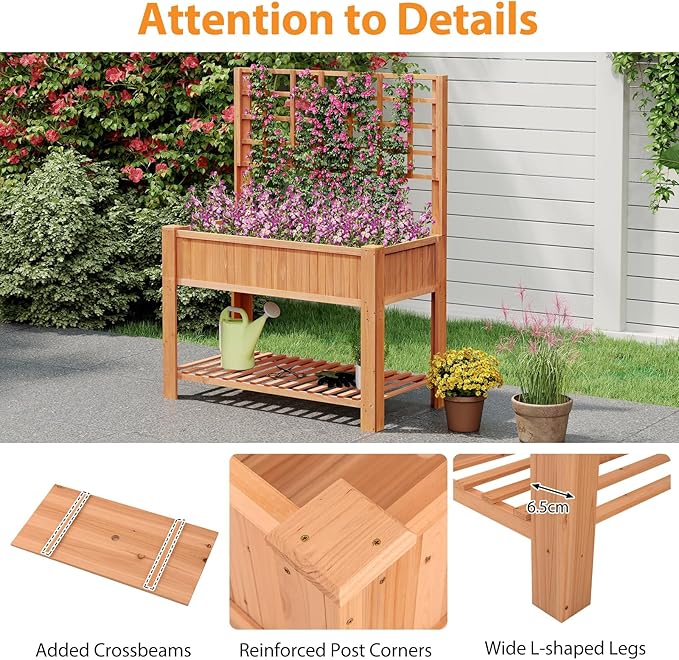 Giantex Raised Garden Bed with Trellis, Wooden Elevated Planter Box with Legs, Drainage Holes for Climbing Plants Vines Vegetables Flowers Herbs, Outdoor Horticulture Planter for Patio Yard (Brown)-PawvioPets