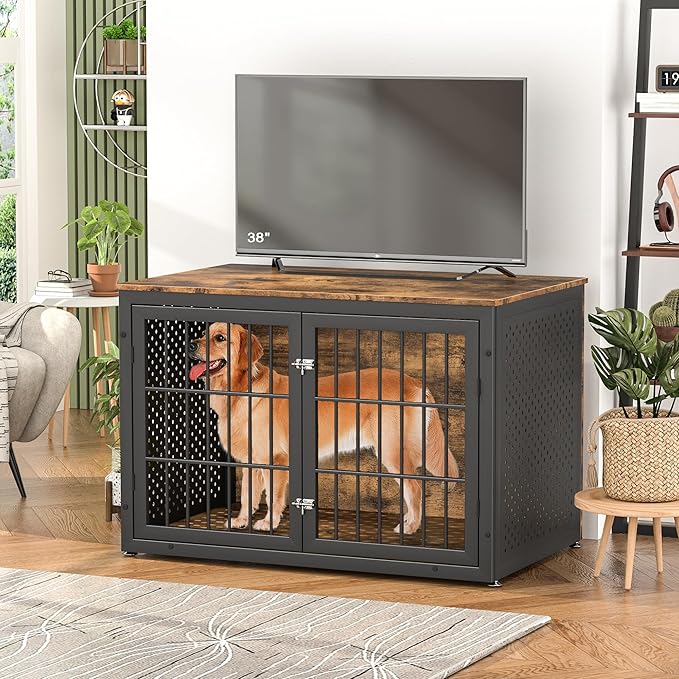 48" Rustic Heavy Duty Dog Crate Furniture for Extra Large Dogs, Metal Kennel for High Anxiety Dogs, Wooden Cage Furniture Indoor, Decorative Dog Kennel End Table, XL-PawvioPets