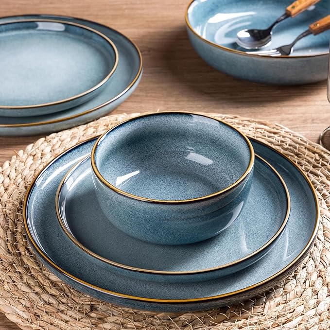 GBHOME Ceramic Dinnerware Sets for 6, 18 Pieces Stoneware Plates and Bowls Sets, Scratch Resistant Dishes, Dishwasher & Microwave Safe, Space Blue-PawvioPets