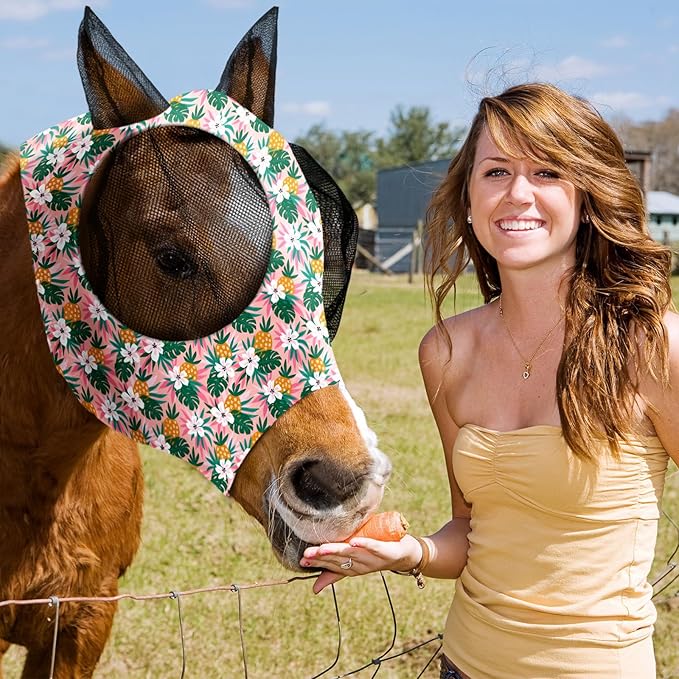 Frienda 4 Pieces Horse Fly Masks with Ears Face Covering UV Protection from Insect Pests Elasticity Smooth Comfortable Mesh Horse Mask Accessories(Fruit,Medium)-PawvioPets