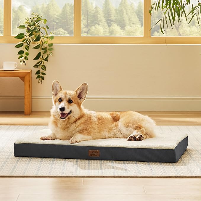Bedsure Large Dog Bed for Crate - Orthopedic Flat Pet Beds with Removable Washable Cover, Egg Crate Foam Crate Mat, Suitable for Pet Up to 50 lbs-PawvioPets