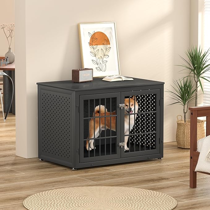 38" Heavy Duty Dog Crate Furniture for Large and Medium Dogs,Wooden Metal Kennel for High Anxiety Dogs, Chew Proof Pet Cage Indoor, Decorative Dog Kennel End Table-PawvioPets