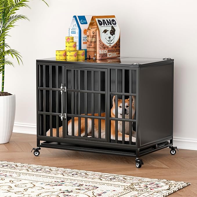 38 inch Heavy Duty Dog Crate with Self-Locking Latch, Indestructible Steel Large Kennel with Enclosed Design, Chew-Proof and Escape-Proof Pet Cage for High Anxiety Dogs-PawvioPets