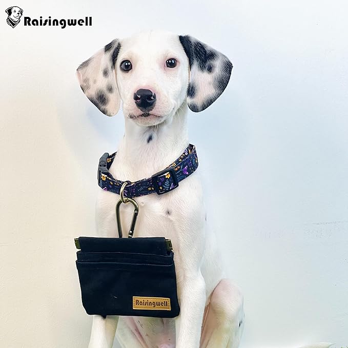 Dog Treat Pouch, Black Pocket Sized Pet Training Pouch, Cotton Fabric, Hand Free Dog Walking Bag with Carabiner, Self-Closing Pet Feed Snack Reward, for Pet Puppy Travel or Outdoor Use-PawvioPets