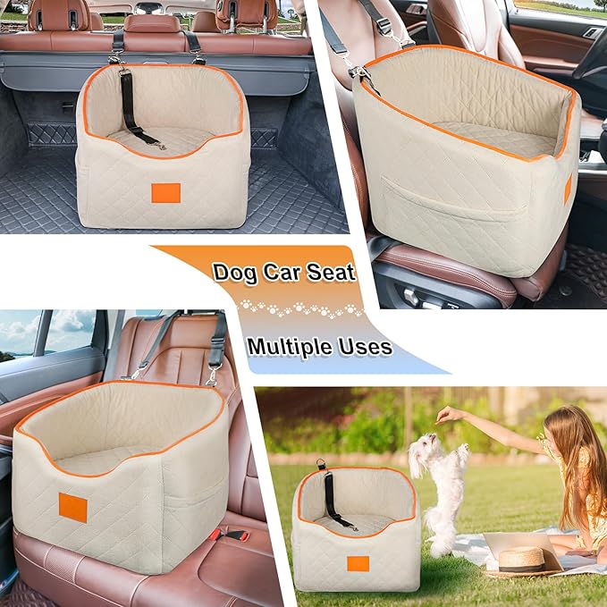 Dog Car Seat for Small Dogs, Memory Foam Booster Dog Seat for Dogs up to 35 lbs, Elevated Pet Car Seat, Travel Safety Pet Seat with Washable Removable Cover, Storage Pockets (Beige)-PawvioPets