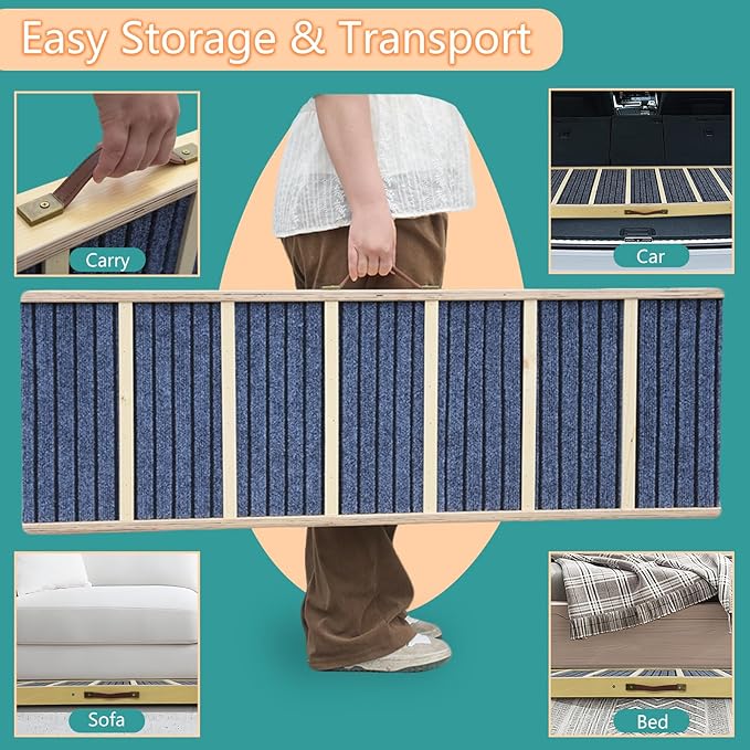 Dog Ramp for Bed, Upgraded 46.8" Long Portable Dog Ramp for Couch, Wood Folding Pet Ramp for All Breeds Large Old Dogs to Get on Bed, 5 Adjustable Heights 14.8" to 26.2" (Wood, Up to 150lbs)-PawvioPets