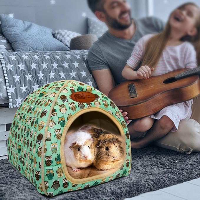 BWOGUE Guinea Pig Bed Warm Cave Beds Hamster House Large Hide-Out for Rabbit Guinea Pigs Bearded Dragon Rats Winter Warm Cage Nest,Green-PawvioPets