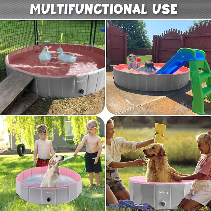 Furrybaby Dog Pool, Kiddie Pool with Hard Plate Collapsible Pet Bath Foldable Swimming Pet Pool Portable Pink 39''-PawvioPets